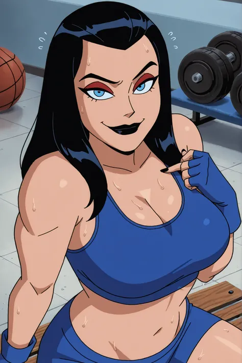 BREAK, score_6_up, score_7_up, score_8_up, score_9, 1girl, solo, big barda \(dcau\), black hair, long hair, blue eyes, black lipstick, makeup, large breasts, busty, cleavage, curvy, athletic, looking at viewer, seducing viewer, teasing viewer, seductive ex...