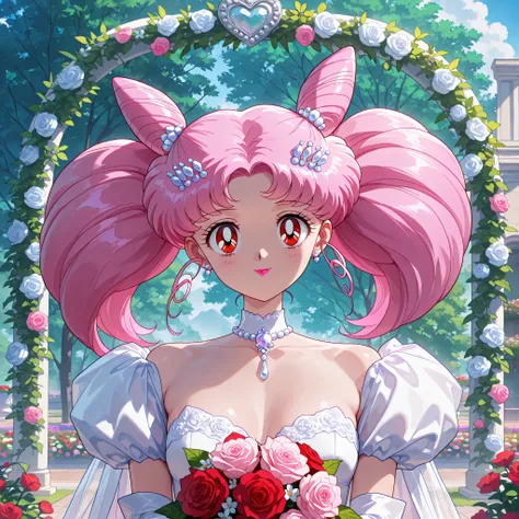 masterpiece, amazing quality, best quality, ultra-detailed, 8K, illustration, clear skin, ultra-detailed-eyes, soft skin, very awa, very as2, soft body, 1990s \(style\), official art, 1girl,solo,bbcusa, long hair, pink hair, cone hair bun, twintails, red e...