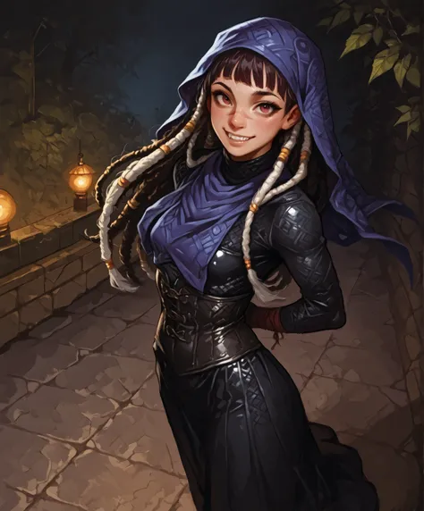 She looks like Elena from Street Fighter and has a horizontal scar across her nose. Inca girl with white dreadlocks and ponytail, deep red-coloured eyes, slanted Asian eyes, sharp canine teeth, black eyeliner, athletic body and soft abs. Slender and athlet...