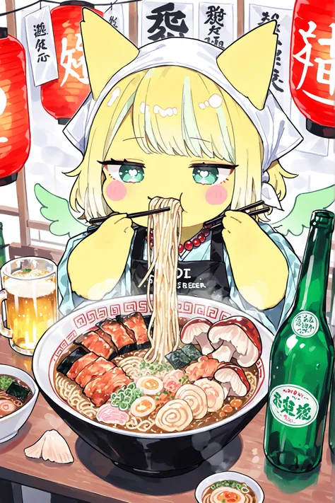 (xxx667_illu,DSP, artist:DSP, mogeko,eating ramen,) Ramen faèrie. She is miniature. She has white fae wings. She has yellow skin and two fluffy yellow ears. Her eyes are blue. She has hair clips. She is dressed in kawaii yellow kimono with food print, and ...