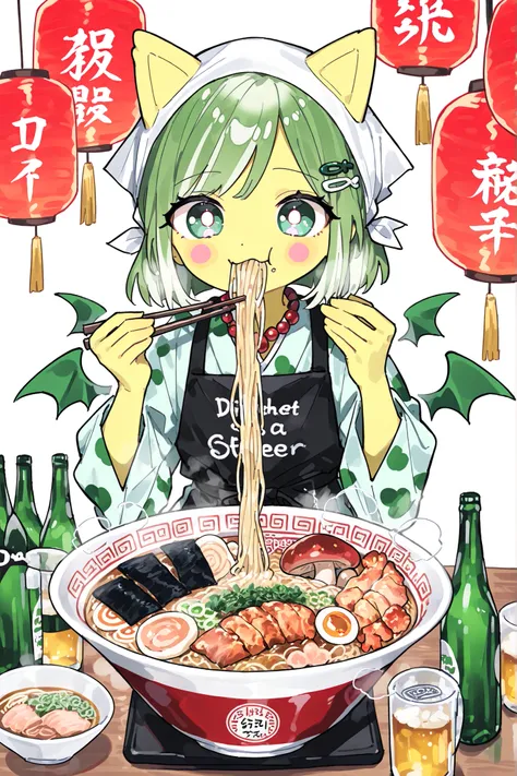 (xxx667_illu,DSP, artist:DSP, mogeko,eating ramen,) Ramen faèrie. She is miniature. She has white fae wings. She has yellow skin and two fluffy yellow ears. Her eyes are blue. She has hair clips. She is dressed in kawaii yellow kimono with food print, and ...