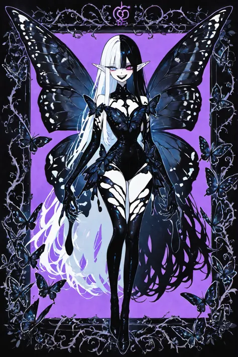 (SPLIT-COLOR HAIR,MIX OF AND HAIR,xxx667_illu,Black butterfly leotard, narrow waist,) Dark faèrie-girl. She has an asthenic skinny flat-chested physique, she has long elegant swan neck,clawed six-fingered limbs,long pointy ears. She has huge sharp pitch ...