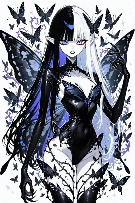 (SPLIT-COLOR HAIR,MIX OF AND HAIR,xxx667_illu,Black butterfly leotard, narrow waist,) Dark faèrie-girl. She has an asthenic skinny flat-chested physique, she has long elegant swan neck,clawed six-fingered limbs,long pointy ears. She has huge sharp pitch ...