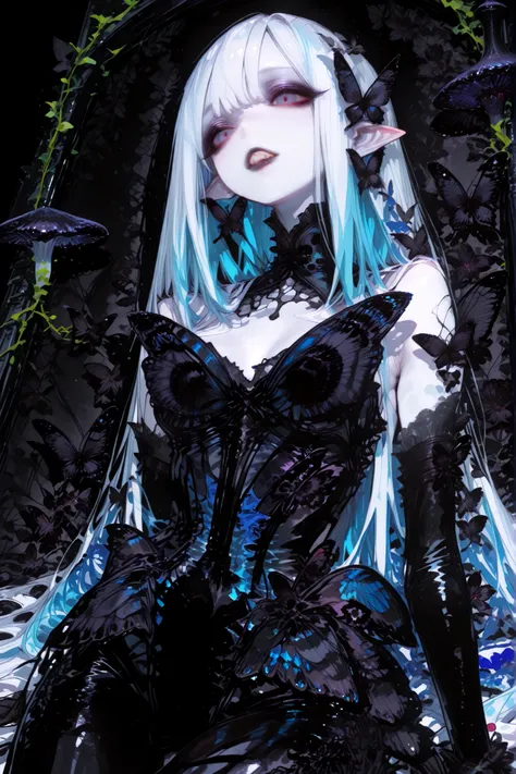 (Black butterfly leotard, narrow waist,) Dark faèrie-girl. She has an asthenic skinny flat-chested physique, she has long elegant swan neck,clawed six-fingered limbs,long pointy ears. She has huge sharp pitch black butterfly wings. She has white skin and ...