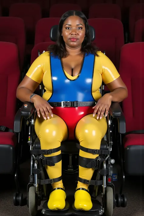 a 35 year old obese black woman sits in a powered wheelchair, she wears a yellow latex catsuit, her arms are against her chest underneath the padded wheelchair harness, the harness is bright blue shiny neoprene, the woman has a thick wide red hip belt made...
