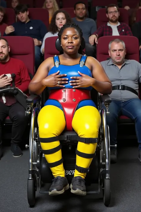 a 35 year old obese black woman sits in a powered wheelchair, she wears a yellow latex catsuit, her arms are against her chest underneath the padded wheelchair harness, the harness is bright blue shiny neoprene, the woman has a thick wide red hip belt made...