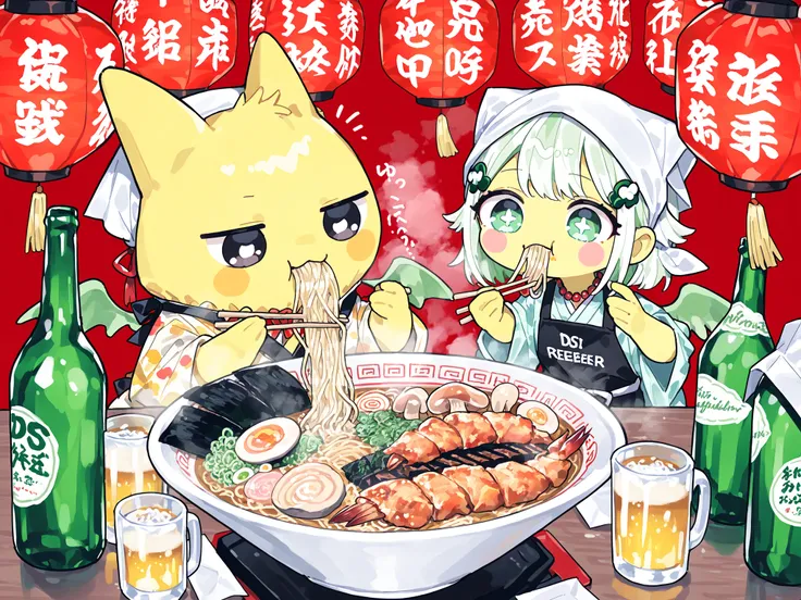 (xxx667_illu,DSP, artist:DSP, mogeko,eating ramen,) Ramen faèrie. She is miniature. She has white fae wings. She has yellow skin and two fluffy yellow ears. Her eyes are blue. She has hair clips. She is dressed in kawaii yellow kimono with food print, and ...