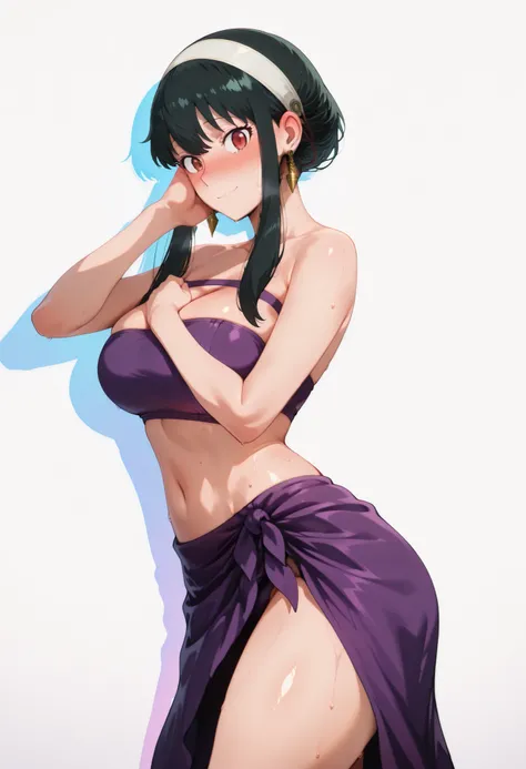 score_9, score_8_up, score_7_up, score_6_up, score_5_up, score_4_up, masterpiece, high quality, yor briar, black hair, red eyes, earrings, white hairband, hairband, long hair, sidelocks, large breasts, shiny skin, shiny hair, shiny body, clear body, large ...