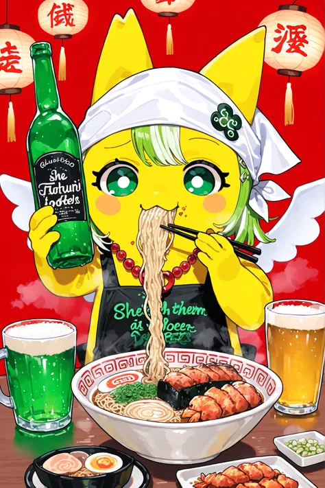 (xxx667_illu,DSP, artist:DSP, mogeko,eating ramen,) Ramen faèrie. She is miniature chibi. She has white fae wings. She has yellow skin and two fluffy yellow ears. Her eyes are blue. She has hair clips. She is dressed in kawaii yellow kimono with food print...