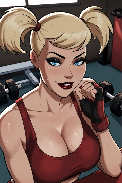 BREAK, score_9, score_8_up, score_7_up, score_6_up, Harleybtas, 1girl, solo, twintails, short hair, blonde hair, blue eyes, dark red lips, large breasts, cleavage, lipstick, makeup, smiling, closed mouth, seductive expression, bedroom eyes, looking at view...