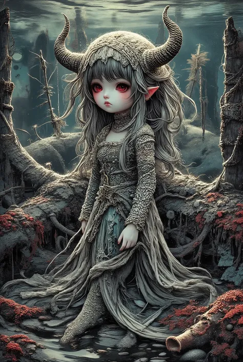 A young mermaid with porcelain skin and platinum-colored hair flowing like moonlight floats in the water column. Her tail, shimmering with mother-of-pearl, and her wonderful tunic dress seem to be woven by the depths of the sea itself: they resemble a biza...