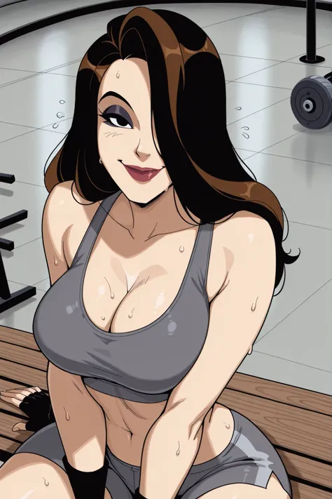 BREAK, score_6_up, score_7_up, score_8_up, score_9, 1girl, solo, long hair, black hair, brown hair, hair over one eye, black eyes, lipstick, makeup, t4lb4t, large breasts, busty, cleavage, curvy, athletic, looking at viewer, seducing viewer, teasing viewer...