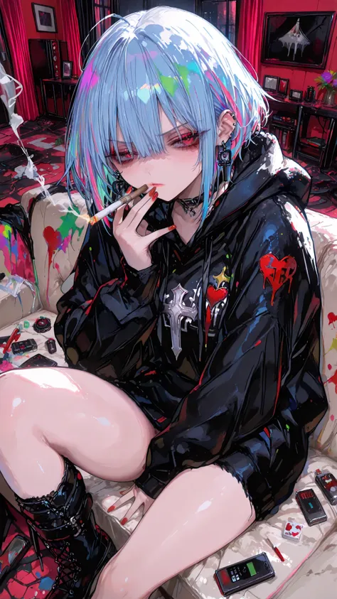 living room,rebellious student,womanhood,1girl,Blue hair,bearded on the couch ,smoking,Bad expression,Glaring,臍earrings,Red Nails,earrings,Messy Room,sexy,colorful,dynamic,anime,masterpiece,Highest Quality,great quality,very beautiful,Newest,