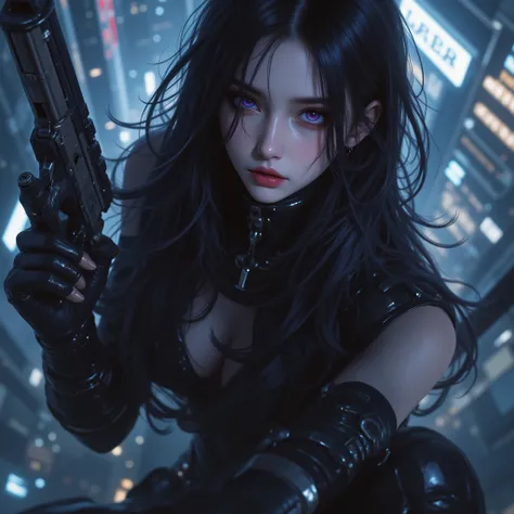 Photorealistic、realistic skin texture、gun、extremely tight cyberpunk suit、beautiful long hair、dim cyberpunk city、Beautiful Thin Violet Eyes、Black hair with slightly purple tips、高所から地面に着地してgunを向けて