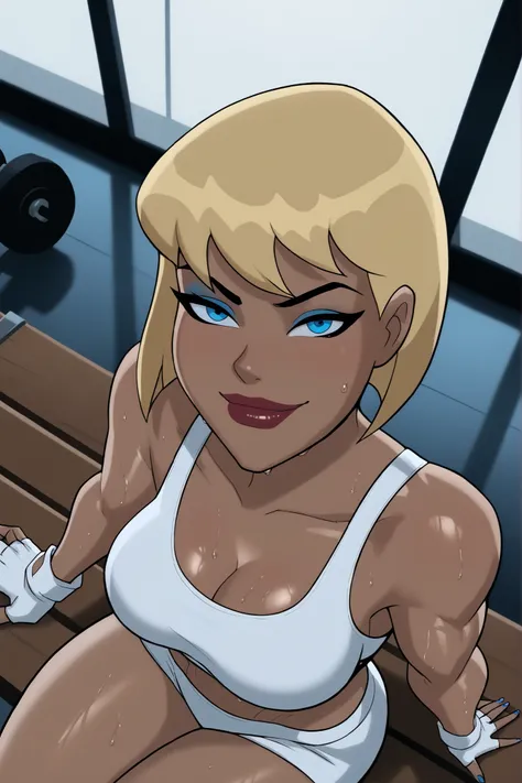 BREAK, score_6_up, score_7_up, score_8_up, score_9, g4l4t3a, 1girl, solo, short hair, bangs, blue eyes, blonde hair, lipstick, makeup, dark skin, dark-skinned female, large breasts, busty, cleavage, curvy, athletic, muscular female, looking at viewer, sedu...