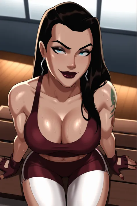 BREAK, score_9, score_8_up, score_7_up, score_6_up, Roulette, 1girl, solo, black hair, blue eyes, long hair, lipstick, makeup, large breasts, cleavage, curvy, athletic, shoulder tattoo, thigh tattoo, looking at viewer, seducing viewer, teasing viewer, smil...