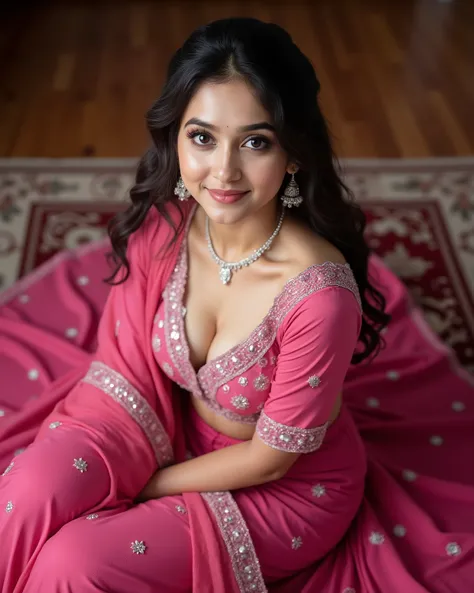 anaswarasdxl, Photographed from top, A full body image of a 20 year old Indian girl with smiling look, fair skin tone, light grey eyes, fox eyelashes, thin eyebrows, black eye liner, silver eyeshadow, natural blush, and red lipstick. Her hairs are long, br...