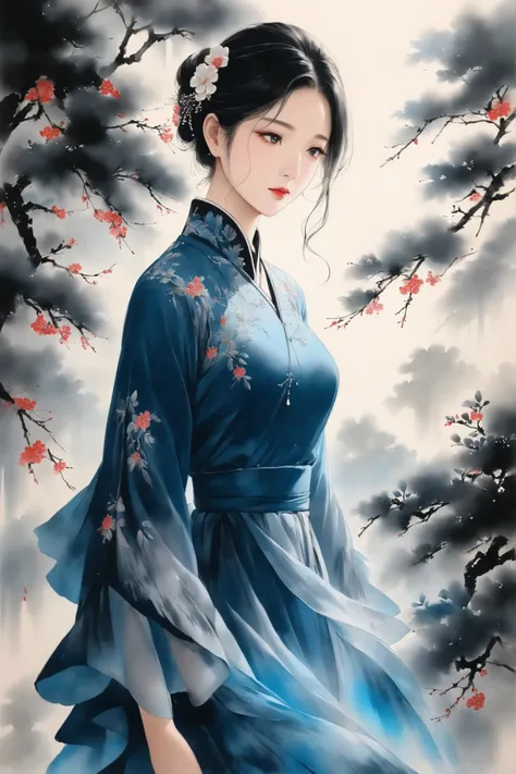 Elegant Beauty with Ink Wash Style,Classy Blue Dress,Pensive Expression, delicate embroidery decoration ,skirt that spreads softly,Standing Serene in Natural Light,High Quality Realistic Portrait,realistic texture,Precise Depiction,Deep Focus,Blue Aura ,Vi...