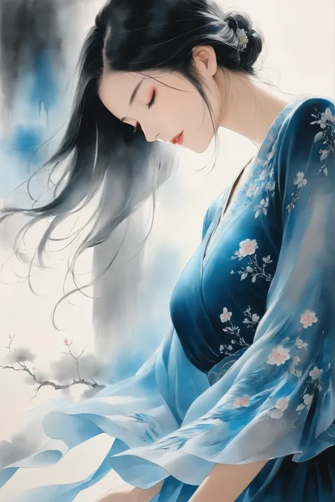 Elegant Beauty with Ink Wash Style,Classy Blue Dress,Pensive Expression, delicate embroidery decoration ,skirt that spreads softly,Standing Serene in Natural Light,High Quality Realistic Portrait,realistic texture,Precise Depiction,Deep Focus,Blue Aura ,Vi...