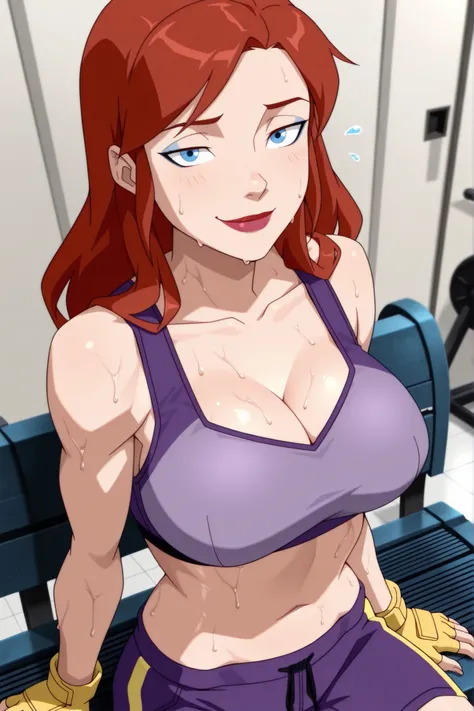 BREAK, score_6_up, score_7_up, score_8_up, score_9, 1girl, solo, b4rb4r4-b4t, blue eyes, long hair, red hair, brown hair, lipstick, makeup, large breasts, busty, cleavage, curvy, athletic, looking at viewer, seducing viewer, teasing viewer, seductive expre...