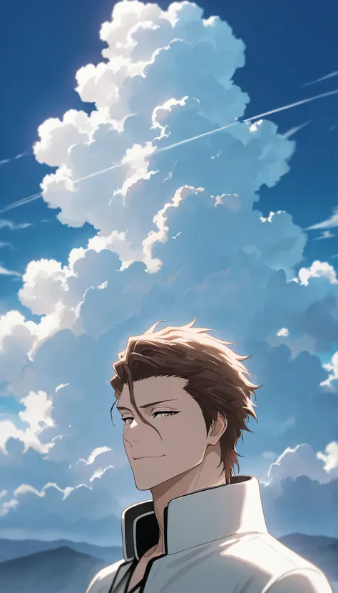 masterpiece, best quality, amazing quality, very aesthetic, absurdres,  newest, (scenery, volumetric lighting),

aizen sousuke, solo, looking at viewer, smile, brown hair, 1boy, brown eyes, vslinxaizen_arrancar, jacket, male focus, sky, day, cloud, blue sk...