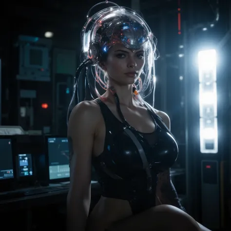 Masterpiece photorealistic image of a slim young (((fullbreasted))) woman wearing a mind-control helmet on her head, a woman who modifies her brain, The woman was converted into a cyborg, wearing formfitting latexsuit. Liquid glowing aphrodisiacs are press...