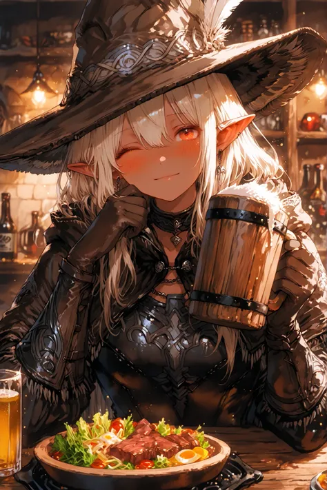 最High Quality, masterpiece, Manga style production, 、anatomically accurate、、Super Detailed,high resolution,Acetate Rendering,High Quality、,Acetate Core _9、Acetate Core _8_up、Acetate Core _7_up、最High Quality、、((Adventurer Wineryで乾杯するエルフ))Single Girl(Dark E...