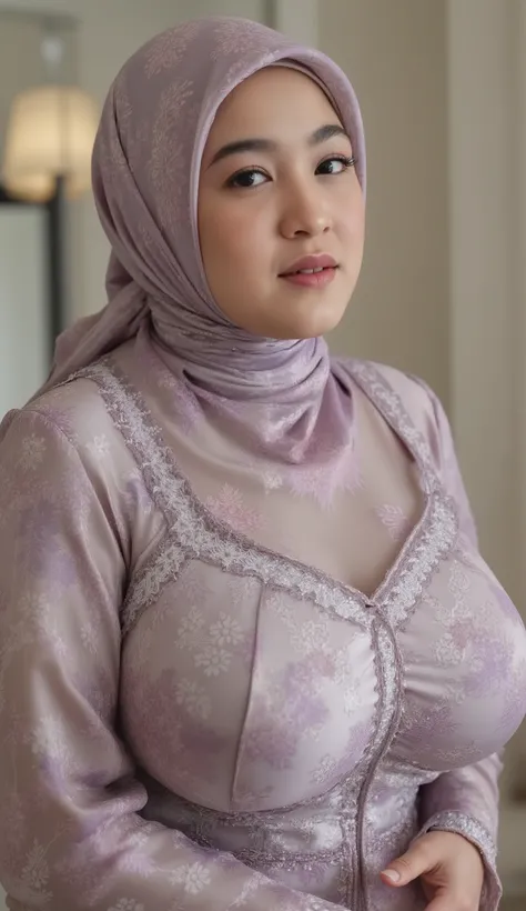 A girl with crafted bold flower patterned large simple instant bergo satin transparent hijab. Close up of women getting strangled, eyes closed, chin up, big breast, covered with large hijab, she is looking at the viewer with bright and loving eyes. She is ...