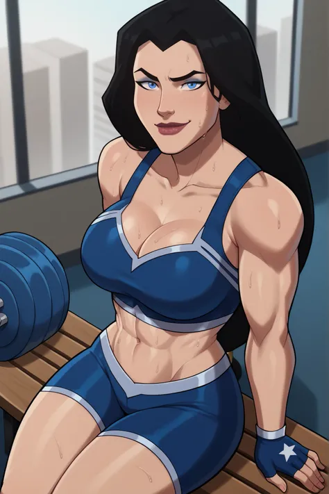 looking at viewer, seducing viewer, teasing viewer, smile, closed mouth, WWDiana, DianaHero, wonder woman, superhero, long hair, black hair, blue eyes, makeup, lipstick, BREAK, score_9, score_8_up, score_7_up, score_6_up, 1girl, solo, large breasts, cleava...