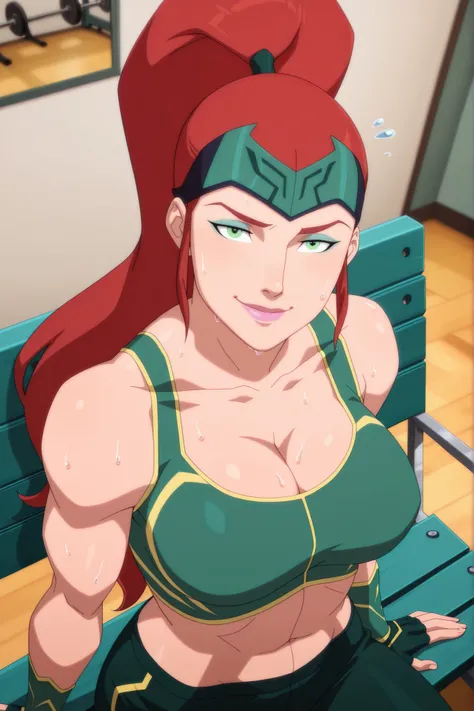 BREAK, score_6_up, score_7_up, score_8_up, score_9, 1girl, solo, m3r4atl4nt1s, long hair, red hair, ponytail, green eyes, large breasts, cleavage, curvy, athletic, midriff, pink lipstick, makeup, looking at viewer, seducing viewer, teasing viewer, smile, c...