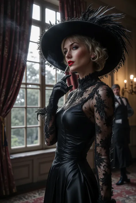 Inside a dimly lit, opulent but decaying mansion, the woman stands in focus near a tall window where faint moonlight filters through heavy velvet curtains. She wears a striking black satin dress with lace details and sheer sleeves, paired with a wide-brimm...