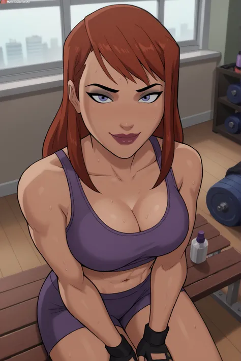 BREAK, score_6_up, score_9_up, score_8_up, score_7_up, 1girl, solo, barbara gordon, ginger hair, long hair, blue eyes, lipstick, makeup, large breasts, cleavage, curvy, athletic, busty, purple sports bra, purple gym shorts, yellow fingerless gloves, lookin...