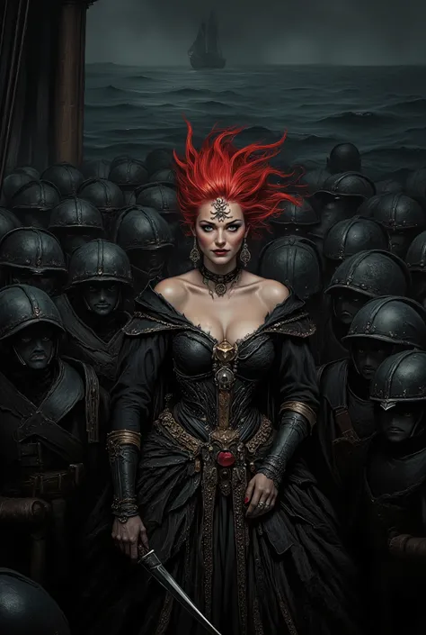 a beautiful pirate queen, on pirate ship, shock of crimson hair red as flames, black eyes, black queen's pirate dress with hints of red accessories, intricate ship design, black and gold color, majestic, complex texture dress, sexy, big breasts, toned skin...