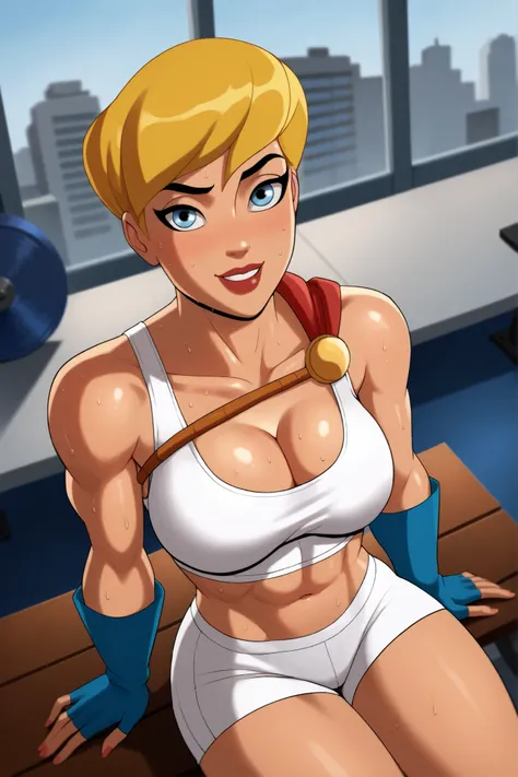 BREAK, score_8_up, score_7_up, score_6_up, score_9, PowerGirlPublicEnemies, 1girl, solo, blonde hair, large breasts, short hair, blue eyes, superhero, lipstick, makeup, dark skin, cleavage, curvy, athletic, ((looking at viewer)), seducing viewer, teasing v...