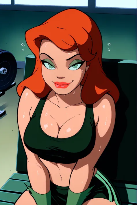 BREAK, score_6_up, score_7_up, score_8_up, score_9, Pamela Isley, 1girl, solo, orange hair, green eyes, lipstick, makeup, large breasts, cleavage, curvy, athletic, busty, masterpiece, best quality, newest, absurdres, ultra highres, amazing quality, very ae...