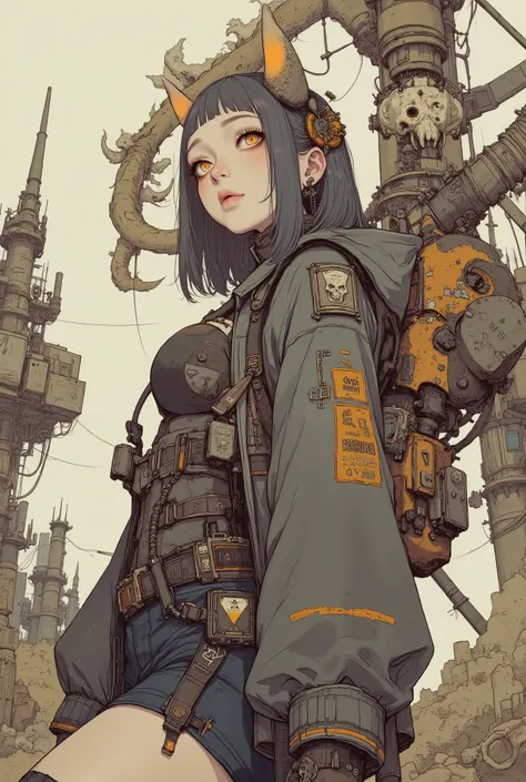 A figure stands in an arid, post-apocalyptic landscape, surrounded by remnants of technology and dilapidated structures. The scene is dominated by a sandy hue, with old, rusting vehicles dotting the terrain, contrasting the seemingly abandoned industrial t...