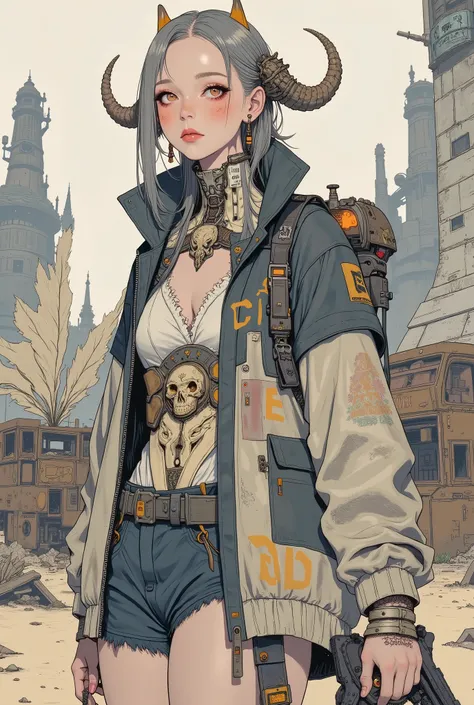 A figure stands in an arid, post-apocalyptic landscape, surrounded by remnants of technology and dilapidated structures. The scene is dominated by a sandy hue, with old, rusting vehicles dotting the terrain, contrasting the seemingly abandoned industrial t...