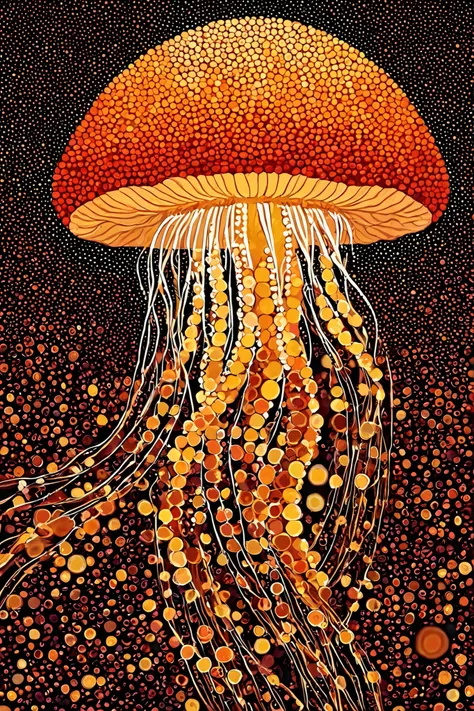 The silhouette of a giant jellyfish created from a mosaic of golden circles. The entire artwork is composed of an aggregation of small circles in shades of orange, yellow, and brown. The shape of the jellyfish is skillfully expressed through the density an...