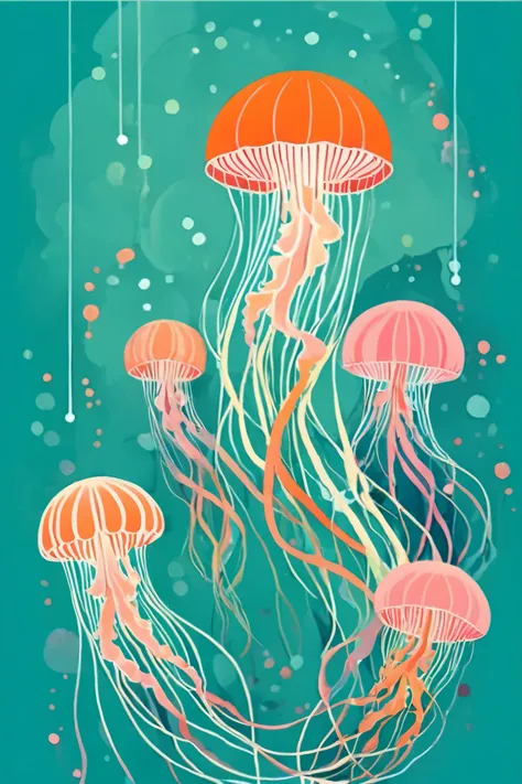 A beautiful and graphical abstract artwork inspired by jellyfish. Against a teal green background, circles of orange, red, and pink (representing jellyfish bells) are rhythmically arranged. From some of the circles, thin lines and dotted trails hang down. ...