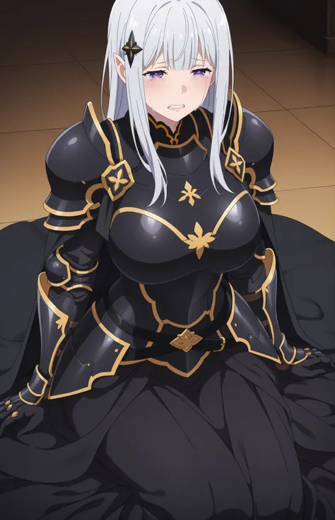 newest , masterpiece , anime screencap , anime coloring , adult ReZero, Solo, long dress, Satella, Anime, 1girl, Mature Female, pointy ears, hair ornament, silver hair, long hair, open, sad, crying eyes open, tears, Pain, clenched teeth, lips, purple eyes,...