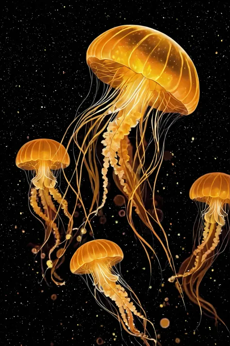 A swarm of golden, glowing jellyfish in the deep sea. Jellyfish of various sizes drift, emitting light in shades of orange and gold. Their bells are translucent circles, and from beneath them extend delicate tentacles that look as if they are made of light...