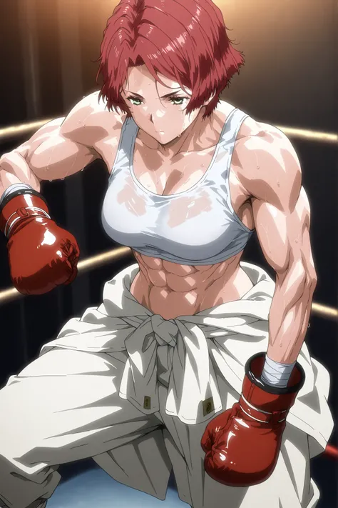 1girl, solo, young mature, yukinakabaneri, green eyes, short hair, red hair,muscular female, boxing gloves, white tank top, clothes around waist, white pants, breasts, midriff, abs, sweating