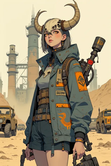 A figure stands in an arid, post-apocalyptic landscape, surrounded by remnants of technology and dilapidated structures. The scene is dominated by a sandy hue, with old, rusting vehicles dotting the terrain, contrasting the seemingly abandoned industrial t...