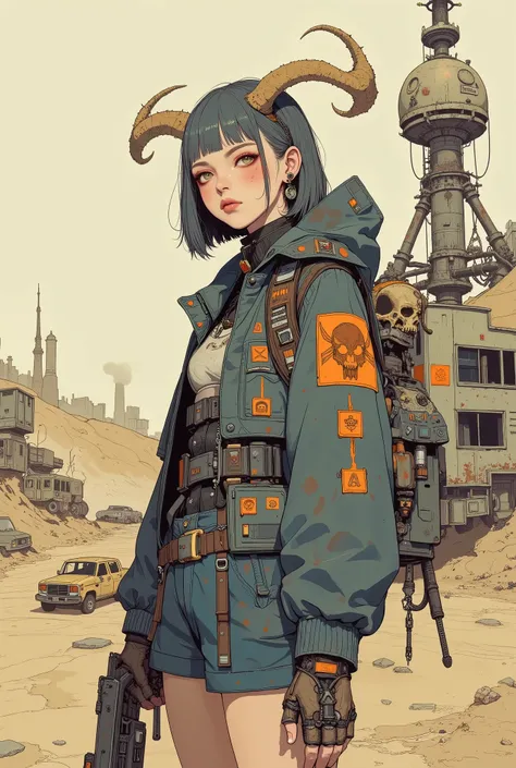A figure stands in an arid, post-apocalyptic landscape, surrounded by remnants of technology and dilapidated structures. The scene is dominated by a sandy hue, with old, rusting vehicles dotting the terrain, contrasting the seemingly abandoned industrial t...