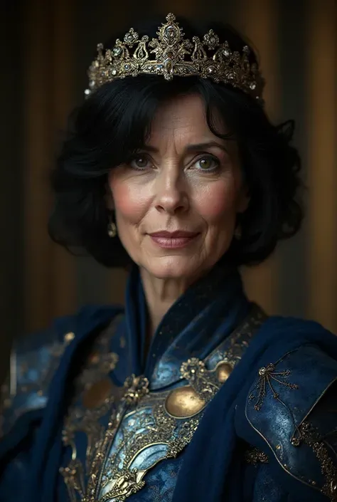"Cinematic full-body portrait of an elegant older woman with short black hair, wearing a metallic tiara that partially covers her face like a refined helmet. She stands confidently in a luxurious medieval-tech setting, her armor intricately detailed with g...