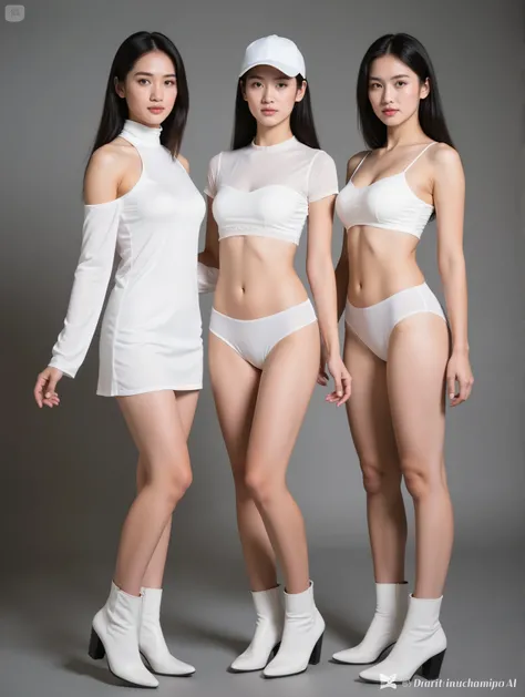 close up view girls. high school,  3 chinese cute young fat girls and nude friends. beautiful faces. side back posing wearing white dress skirt, sport hat, sexy body . with legs open wide apart. small breasts. open legs apart. photo shoot, realistic. big l...
