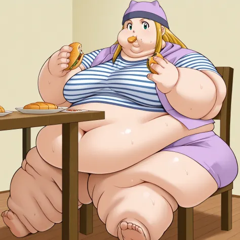 digimon frontier, izumi orimoto, 1girl, blonde hair, solo, striped shirt, green eyes, skirt, long hair, striped, navel, hat, shirt, midriff, looking at viewer, jacket, long jacket, crop top, miniskirt, purple shirt, short sleeves, blank_stare, empty_stare,...