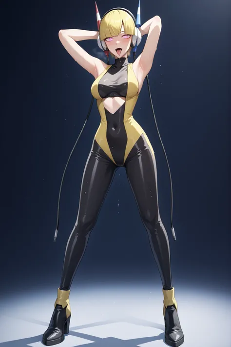 Elesa. Yellow hair. Black line bangs. Straight bangs. Short hair. Slanted eyes. Glowing pink eyes. Ahegao face. Mechanical headphones. Sweat. Glossy. Latex bodysuit. Transparent bodysuit. Black decoration. Black gauntlets. Black oversized boots. Perky brea...