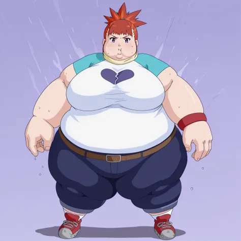 RikaNonaka, 1girl, solo, ponytail, red hair, orange hair, two-tone hair, purple eyes, turtleneck, t-shirt, raglan sleeves, red wristband, belt, blue pants, white socks, red footwear, blank_stare, empty_stare, fat, chubby, obese, gigantic arms and legs, la...
