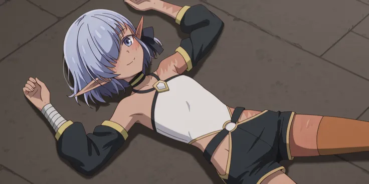 cariaerful,,dark elf, dark-skinned female, short hair,  blue hair, hair over one eye, blue eyes, pointy ears, bandaged arm, black choker, burn on face, burn on side, burnt arm, burnt leg, flat chest, white top, halterneck, bare shoulders,  detached sleeves...